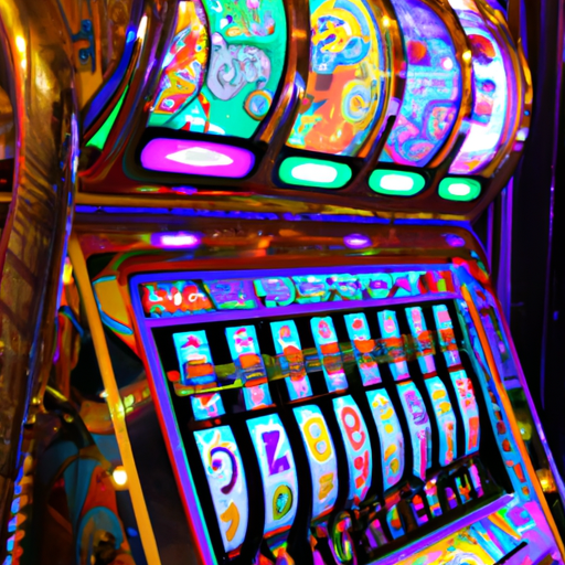 A close-up of a colorful slot machine with a bright display and spinning reels.
